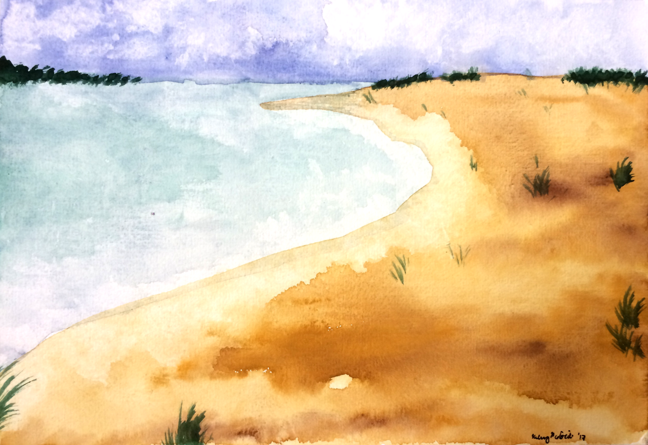 Watercolor painting of a beach.